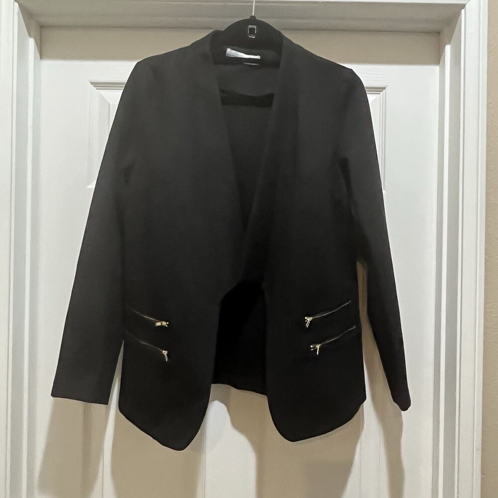 Mari Petite Medium Women's Black Blazer Jacket Open Front Gold Zip Detail Pocket
